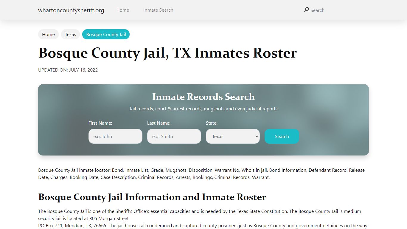 Bosque County Jail, TX Jail Roster, Name Search