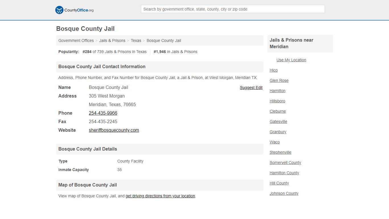 Bosque County Jail - Meridian, TX (Address, Phone, and Fax)